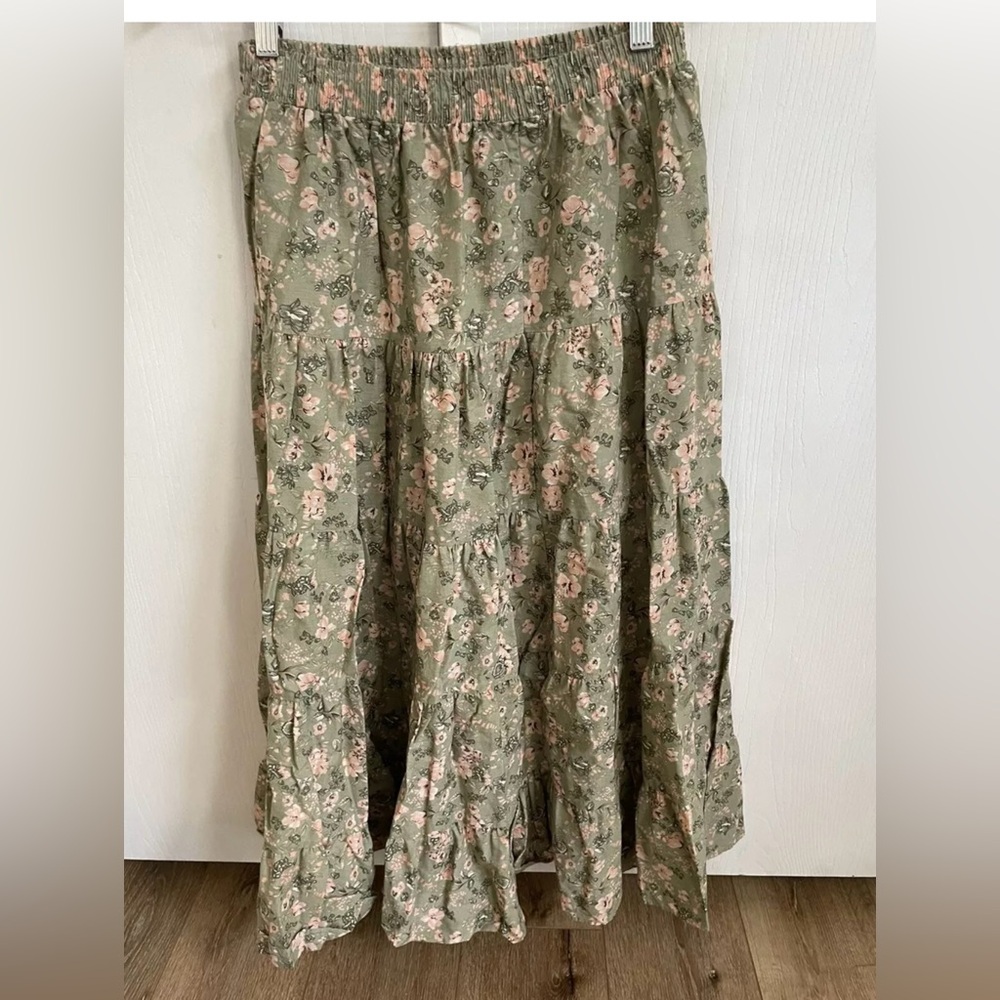 Country Romance  Vintage Tiered  Skirt Sage Green Floral Size S See Meas…